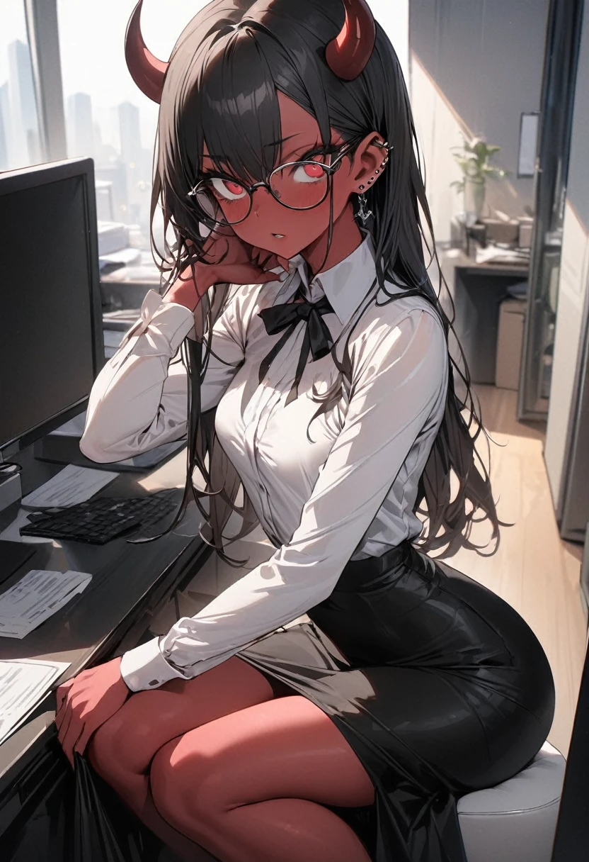 (masterpiece:1.2),(best quality:1.2),(masterpiece, best quality, ultra-high resolution), (demon woman), (office), Short black hair, intense and piercing eyes, red skin, small and discreet horns, slim and elegant figure, small breasts, Dresses in a formal blouse and a tight skirt to the knees, glasses.
