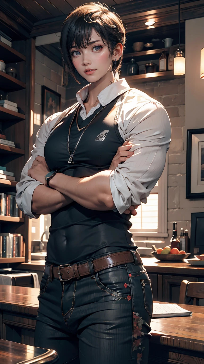 ((最high quality, 8K, masterpiece: 1.3, Ultra HD, high quality, 最high quality, High resolution, realism)) 、(High color saturation:1.0), (Very detailed肌), (最high quality:1.0), (超High resolution:1.0) ,(Realistic:1.0), (Very detailed:1.0), (8K, RAW Photos:1.1), thin、thin, Muscular body'A toned body like an athlete's、Fujiko Mine、I'Top of a skyscraper at night、Nice body、Wearing a black motorcycle jumpsuit、Unzip your pants enough to expose your cleavage