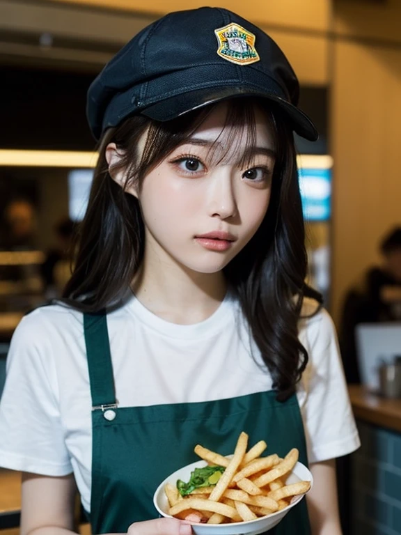 (Ultra-high resolution), (masterpiece), (Attention to detail), (high quality), (最high quality), ((Upper Body Shot)) , One Girl, Generate an image of a female employee working at an outdoor fast food stand。she、Green T-shirt, Khaki Apron, hat, Wearing a name tag、Hot dogs and fries are served。In the background、wood々, Picnic table, There are colorful signs。