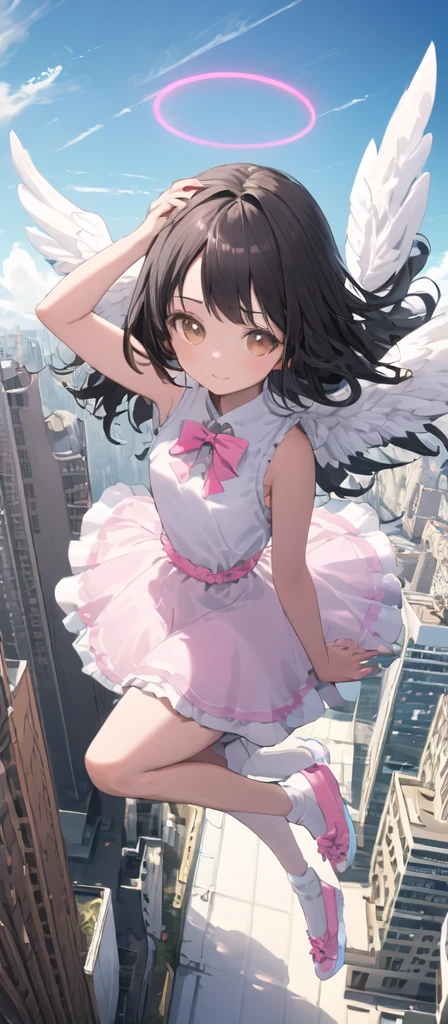 (masterpiece, best quality),from above , 1 little angel girl, solo, (feathered White angel wings:1.2), yellow halo floating on top of her head,billboard, brown eyes, black hair, building, city, cloudy sky, pink sleeveless short dress,pink bow on her dress,pink sandal, floating in the air \(machine\), dutch angle, from front, light frown, looking at viewer, outdoors, 