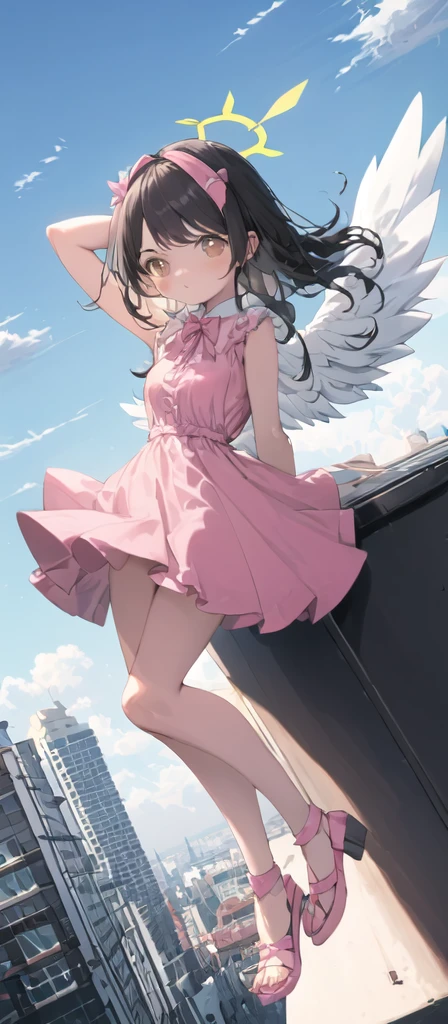 (masterpiece, best quality),from above , 1 little angel girl, solo, (feathered White angel wings:1.2), yellow halo floating on top of her head,billboard, brown eyes, black hair, building, city, cloudy sky, pink sleeveless short dress,pink bow on her dress,pink sandal, floating in the air \(machine\), dutch angle, from front, light frown, looking at viewer, outdoors,
