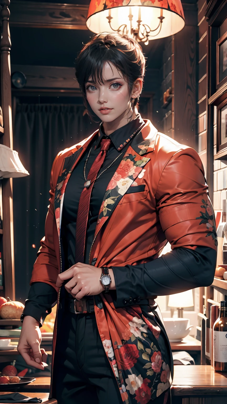 ((最high quality, 8K, masterpiece: 1.3, Ultra HD, high quality, 最high quality, High resolution, realism)) 、(High color saturation:1.0), (Very detailed肌), (最high quality:1.0), (超High resolution:1.0) ,(Realistic:1.0), (Very detailed:1.0), (8K, RAW Photos:1.1), thin、thin, Muscular body'A toned body like an athlete's、Fujiko Mine、I'Top of a skyscraper at night、Nice body、Wearing a black motorcycle jumpsuit、Unzip your pants enough to expose your cleavage