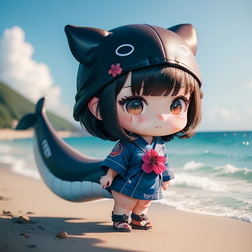 High quality,Masterpiece, Chibi, Nerdrooid, Mega Mini, ,whale tail, Whale costume, have dark hair, Bob hairstyle, metal, Okinawa style, Ride a whale, hibiscus, full body, cute blue