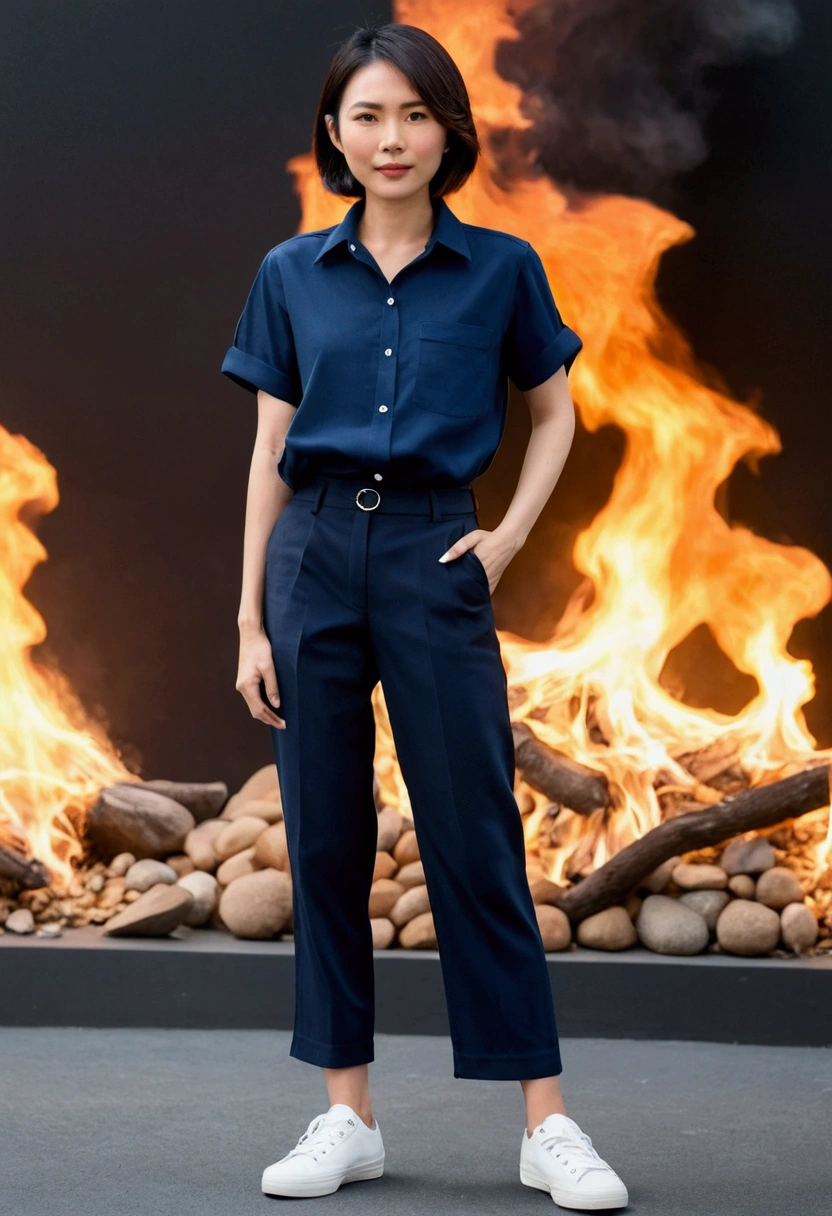 asian woman, short hair, Short sleeve navy blue shirt, Navy blue, long, straight-leg pants., white sneakers, full body image, white background, A long blue striped scarf was tied around his neck.