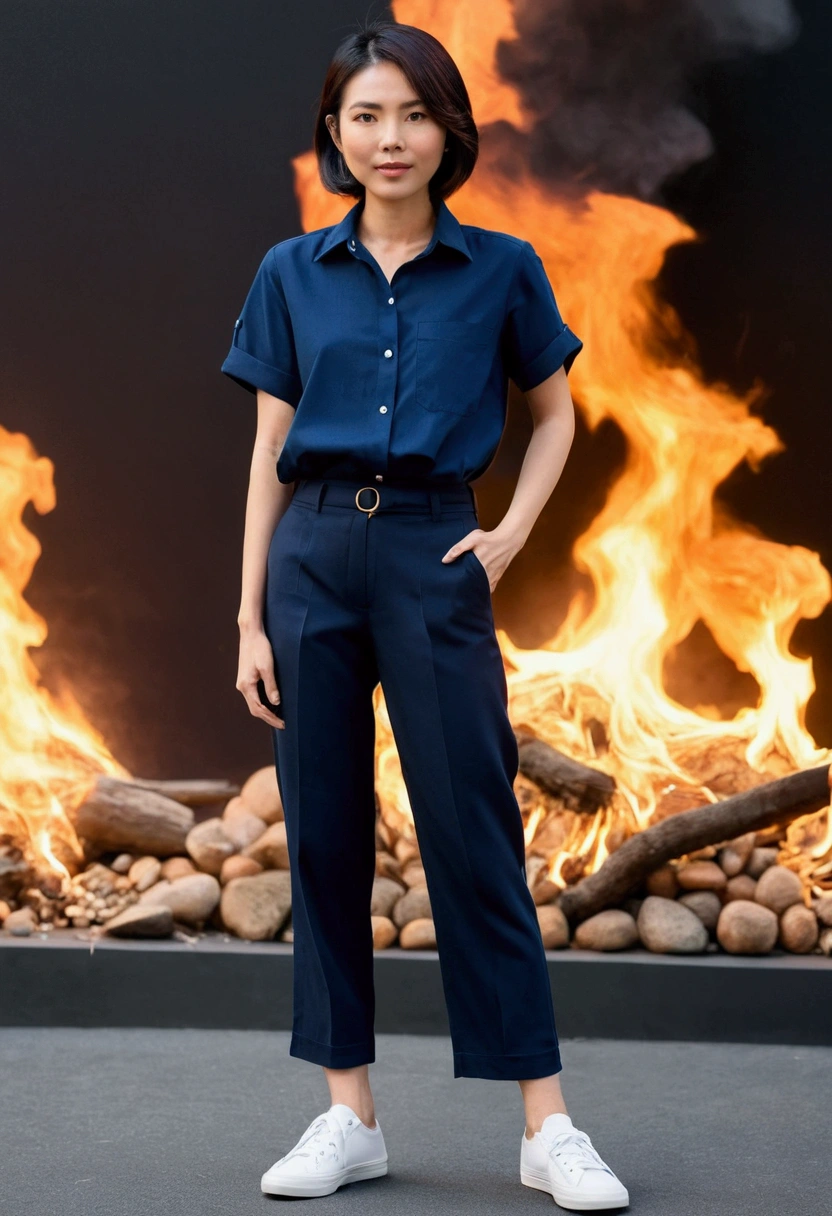 asian woman, short hair, Short sleeve navy blue shirt, Navy blue, long, straight-leg pants., white sneakers, full body image, white background, A long blue striped scarf was tied around his neck.