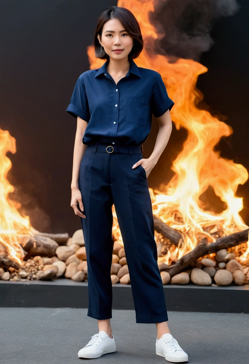 asian woman, short hair, Short sleeve navy blue shirt, Navy blue, long, straight-leg pants., white sneakers, full body image, white background, A long blue striped scarf was tied around his neck.