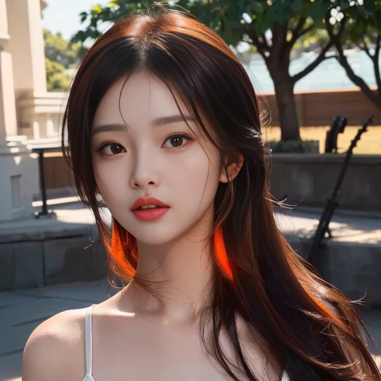 Araffe girl in a yellow shirt holding a coffee cup, Lalisa Manoban, Tzuyu from two times, Korean girl, beautiful south korean women, หญิงKorean girlที่งดงาม, cute korean stars, cute vtuber house, หญิงKorean girlที่สวยงาม, Trending at cgstation, Headshot profile picture, Thai girl anime, Yellow wavy hair theme Haraf woman looking at camera, Southeast Asian women with round faces, looking at viewer, Has very long black hair., My hair is very long.,Big eyes,Double eyelids, black eyes, Chest circumference measures 38 inches., The chest is round and shiny., abdominal muscles, perfect body, Wear a dark round neck t-shirt., Bright colors, expensive silk, outdoor, Warm light, The morning sun shines beautifully., (digital painting, HDR, high contrast), straight face, face focus), (Highest quality:1.4 3 D 8K, 45,000,000,000,pixels,),(Masterpiece:1.3),(sharp focus:1.2),glowing face, (Red cheeks:1.4), ยืนเดินoutdoor, The evening sun shines beautifully and realistically.,