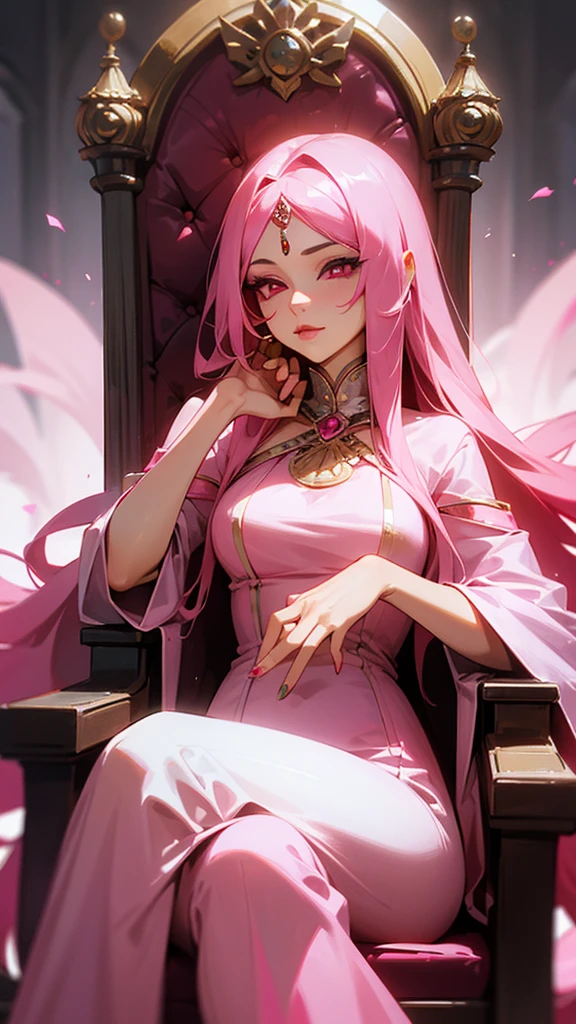 A beautiful mature woman with long pink hair and pink eyes sitting on a throne with a seductive simrk on her lips