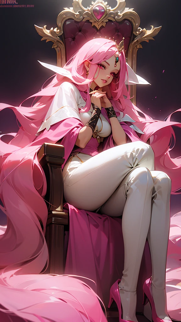 A beautiful mature woman with long pink hair and pink eyes sitting on a throne with a seductive simrk on her lips