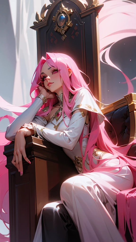 A beautiful mature woman with long pink hair and pink eyes sitting on a throne with a seductive simrk on her lips