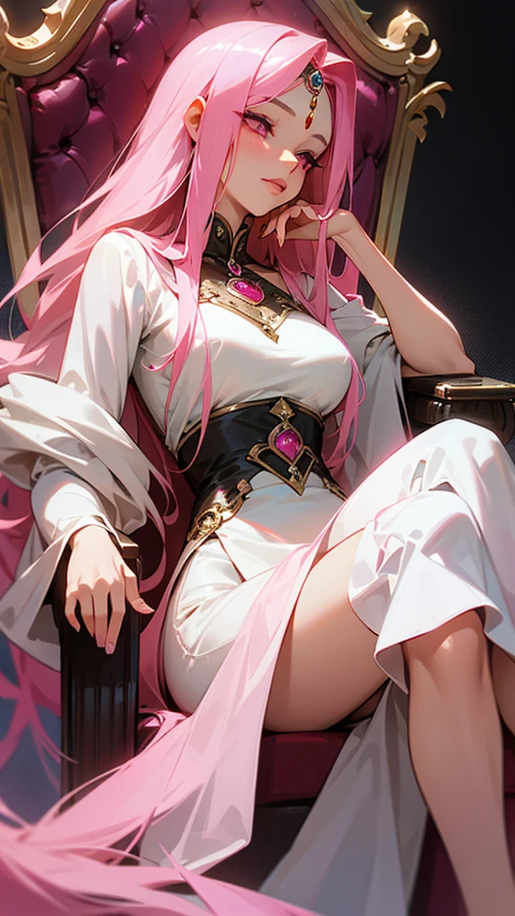 A beautiful mature woman with long pink hair and pink eyes sitting on a throne with a seductive simrk on her lips