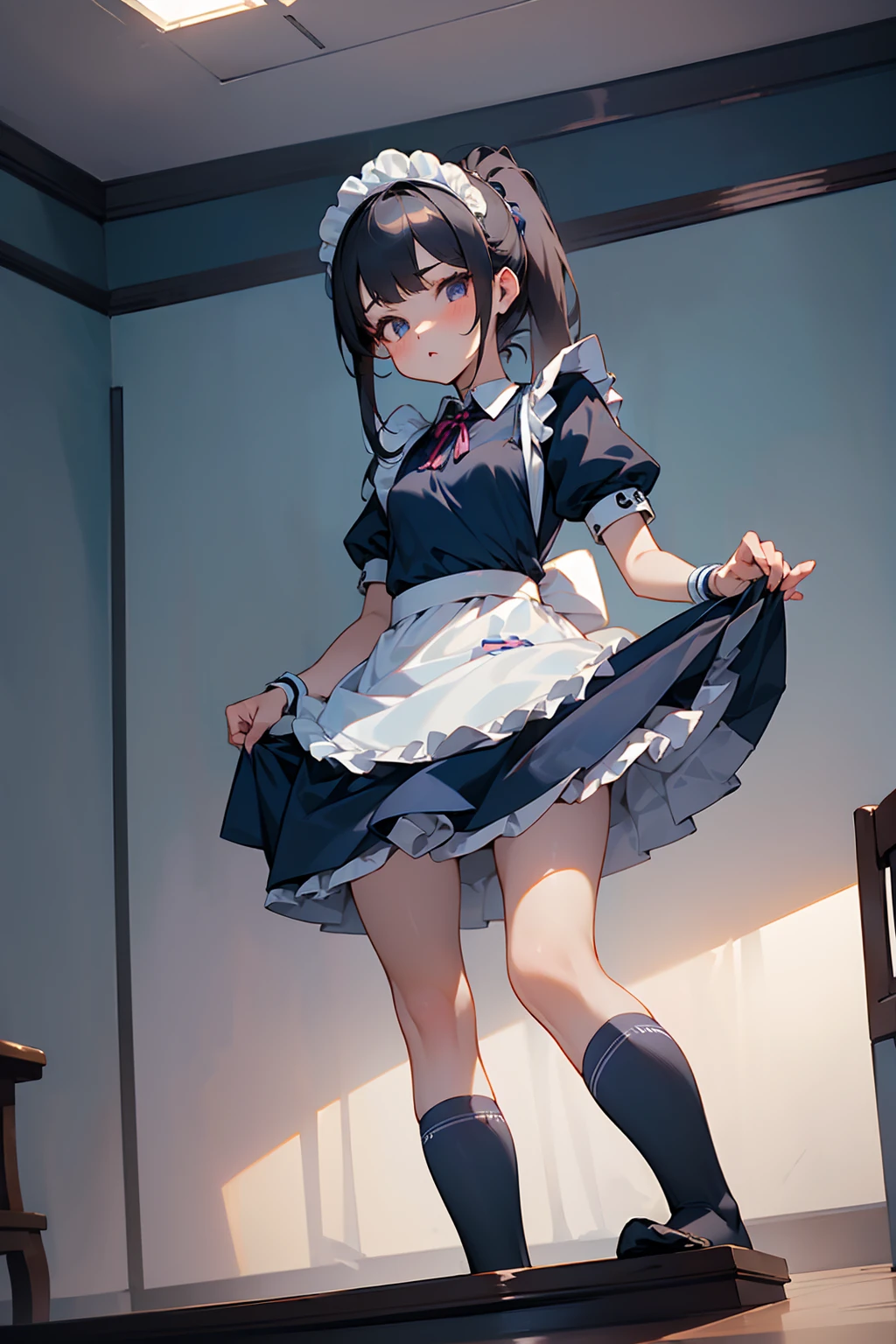 masterpiece, best quality, detailed beautiful face and eyes, 1girl, (cute), (kawaii), small breasts, (traditional maid collared shirt:1.3), mini skirt, (navy high socks), ponytail hair, standing, noshoes, (from below:1.3),