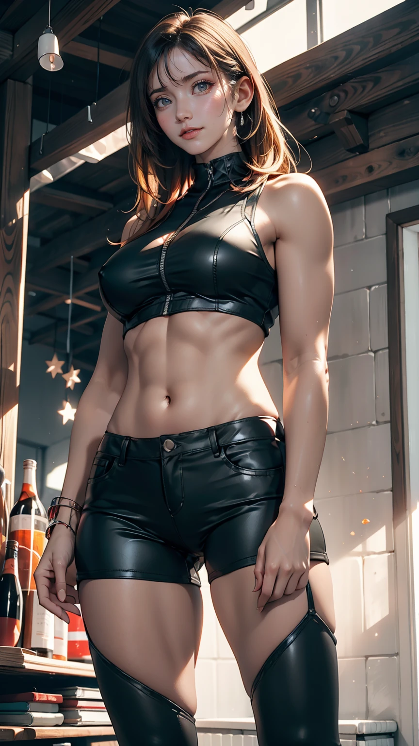 huge boob,Muscle woman,Charming eyes,red bikinis,Black color hair