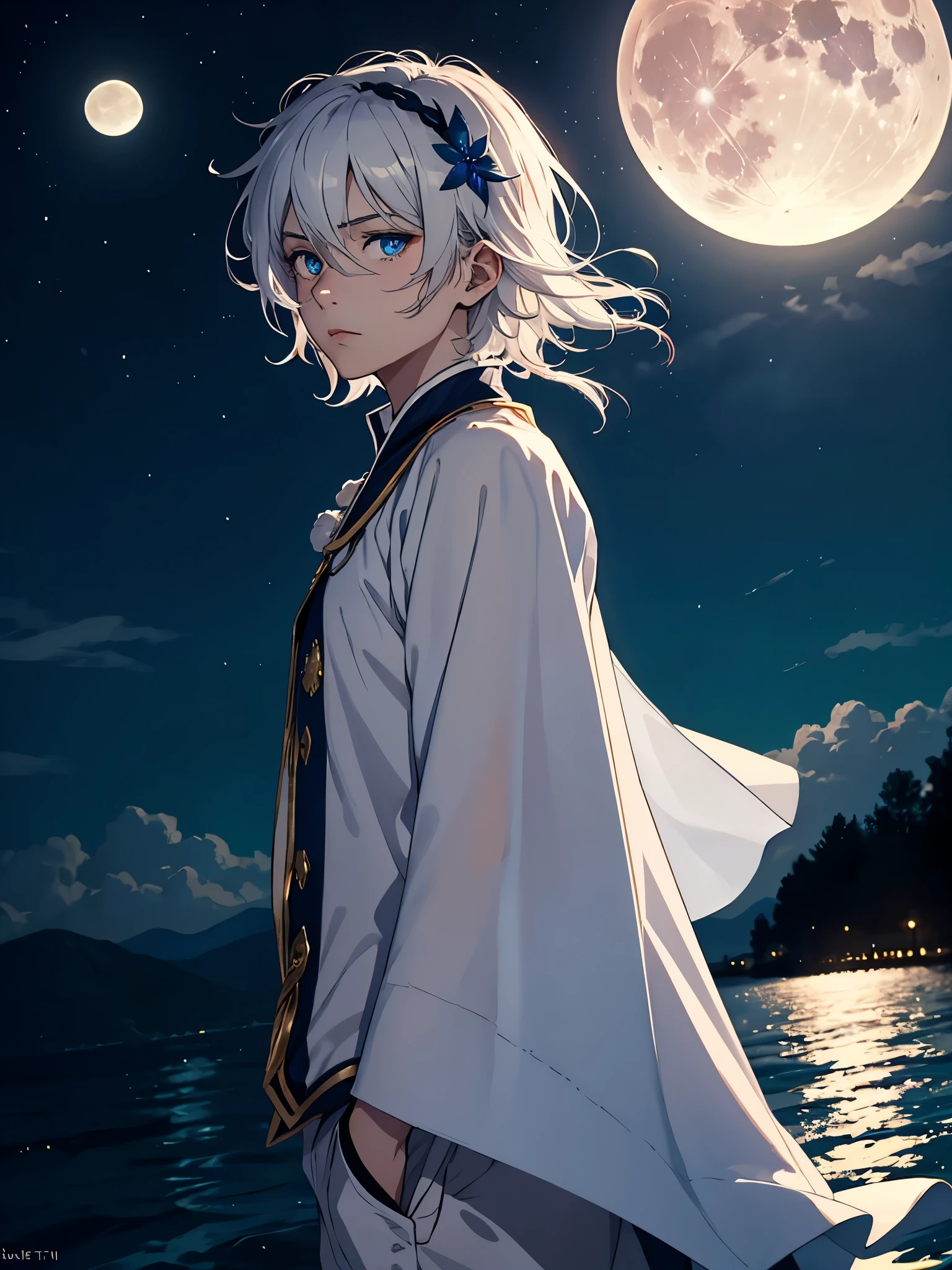 Sehr Lange haare. Mehr anime. aquatic, boy, Goddess of the Moon, silver hair accessories, White hair, White dress, cape, at night, saturated colors, light eyes, bright, light blue light, blue eyes, Jewelry silver, bluish light, Full moon in the background, aquatic in der Luft rosa kerzen