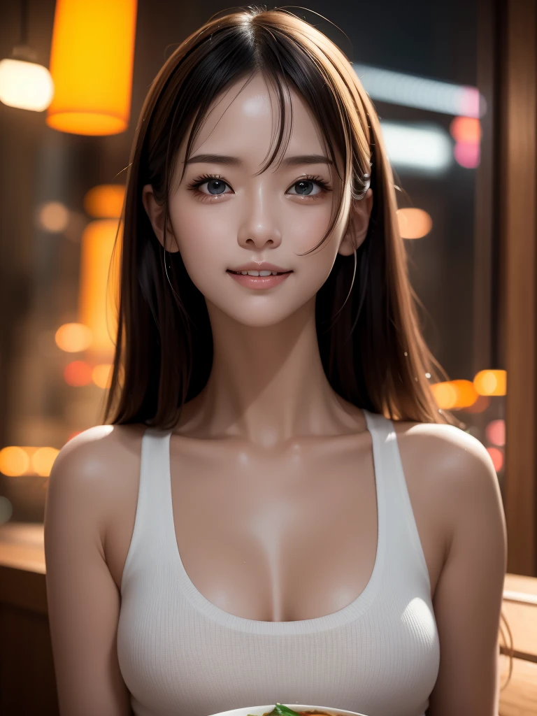 (masterpiece), best quality, ultra high res, close up, slim body, 1girl,, long hair, laughing, ramen, night, Tokyo restaurant background, colorful lights, photon mapping, radiosity, physically-based rendering, cinematic lighting, intricate, High Detail, Sharp focus, dramatic, photorealistic