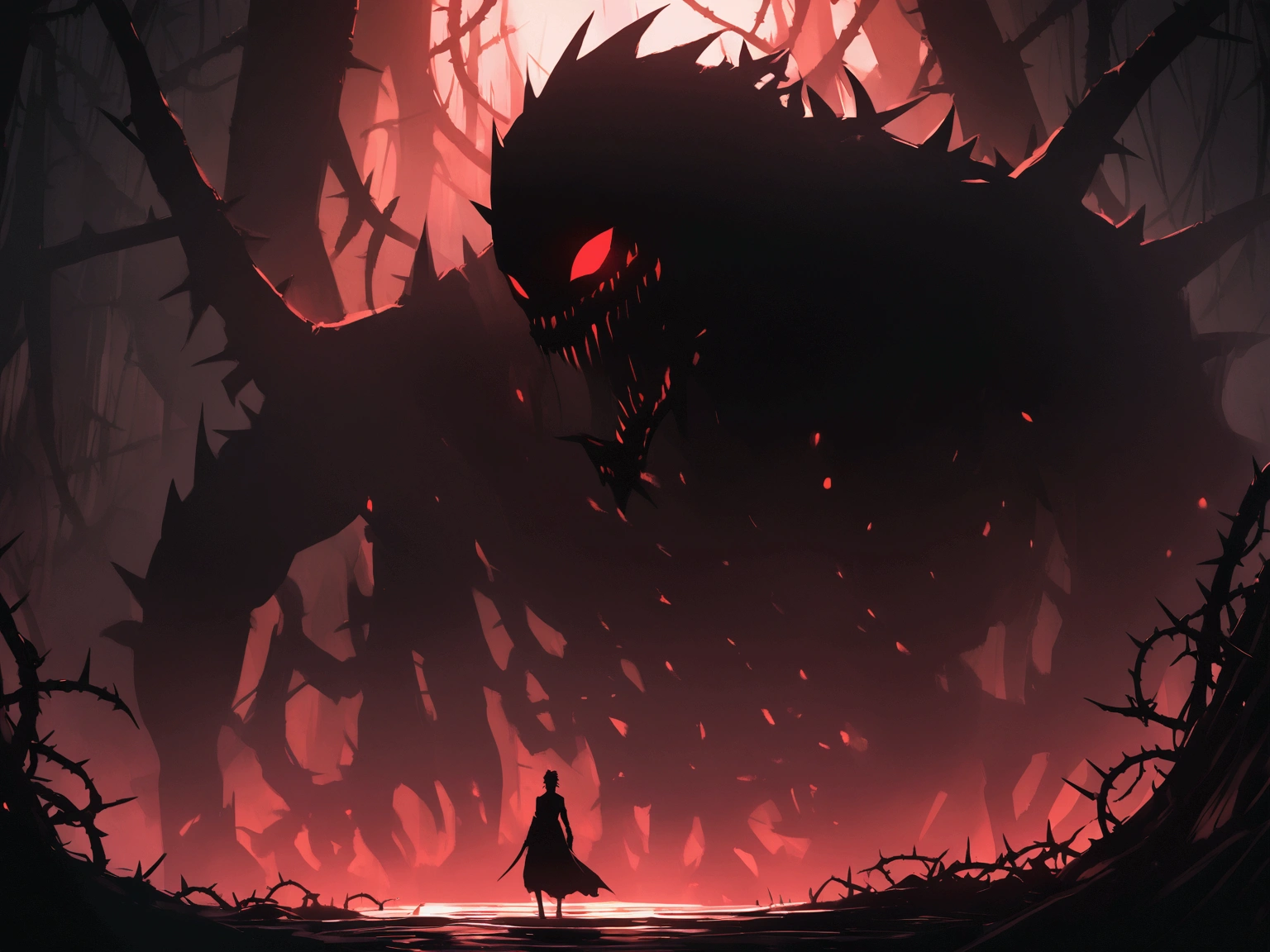 Sinister monster silhouette with red eyes, thorns on the back