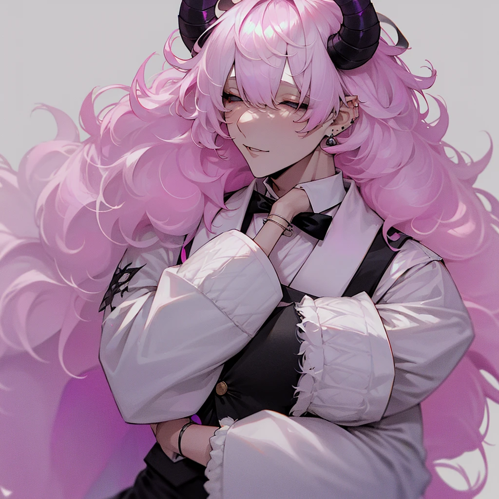 White skin, pure white skin, bangs covering eyes, pink hair, curly fluffy pink hair, pastel purple dress shirt, black vest, black tie, black pants, sleeves rolled up, rainbow bracelet, pastel yellow horns, lamb horns, sheep horns, male, boy, femboy