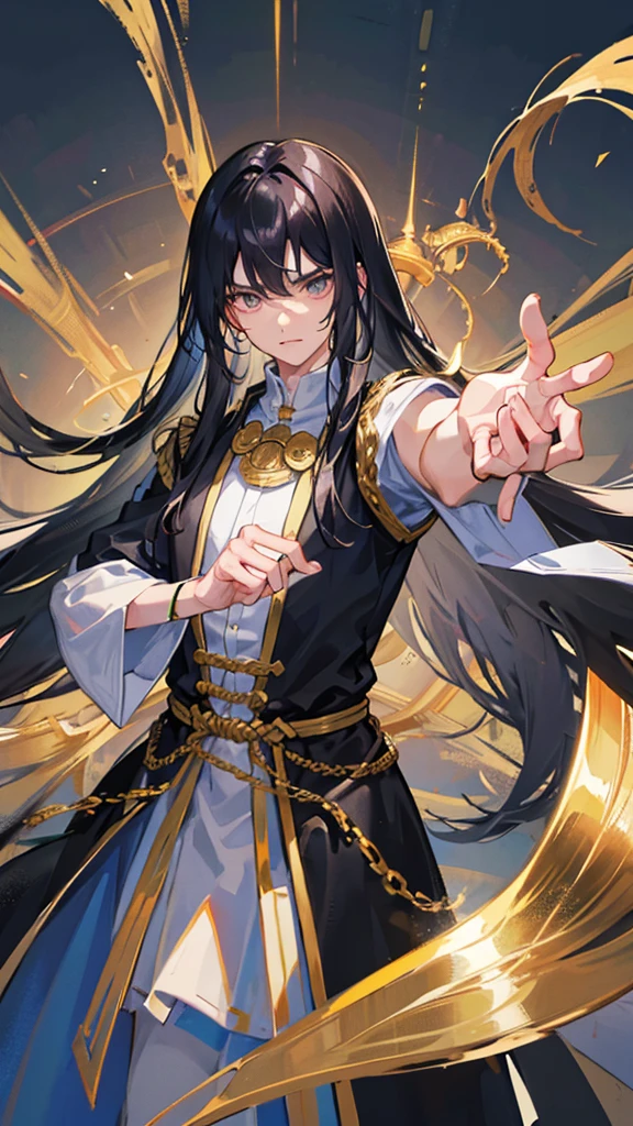 Clench your fist in one hand、Emitting aura from the whole body、A young man with long black hair is posing with a determined look on his face.