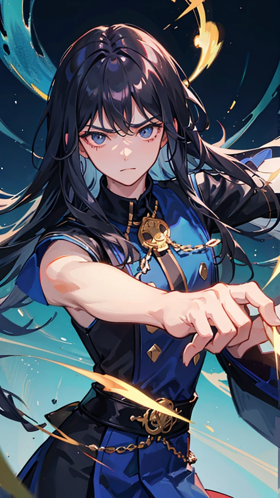 Clench your fist in one hand、Emitting aura from the whole body、A young man with long black hair is posing with a determined look on his face.