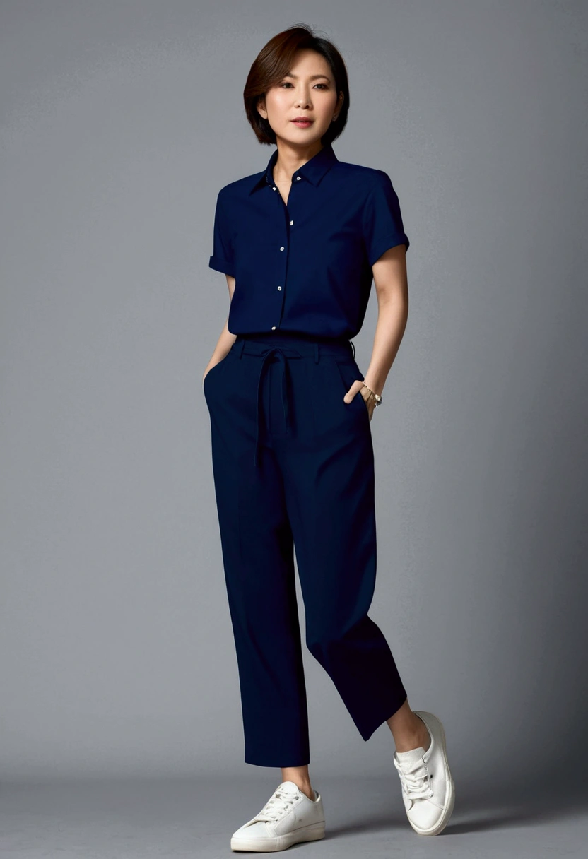 asian woman, short hair, Short sleeve navy blue shirt, Navy blue, long, straight-leg pants., white sneakers, full body image, No waist drawstring