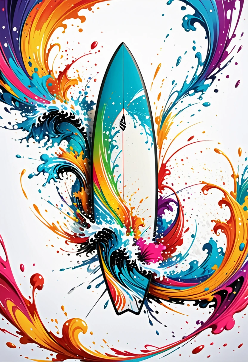 vectorial art, Colorful illustration with a surfboard, At the center, swirly vibrant colors, paint splashes and smears, high détail,White background