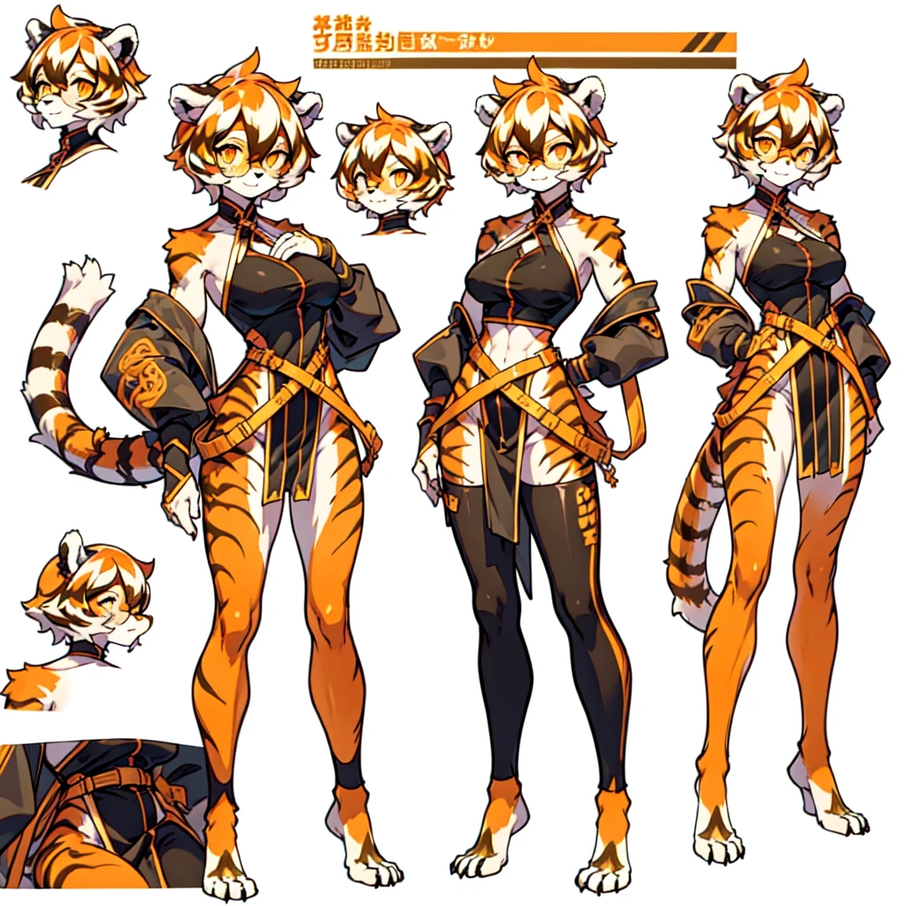 (CharacterSheet:1),(multiple views, full body, upper body, reference sheet:1),white background, full body, ((furry female:1.2)), Standing, animal ears, white hair, black hair, short hair, large breasts, muscle, tail, orange eyes, orange hair, multicolored hair, tiger girl, hair between eyes, tiger_ears, tiger_tail, orange-tinted_eyewear, tinted_eyewear, big breasts, evil smile, Shadows under feet, Abdominal muscles, (((Hooker outfit:1.2))), show body,Gold, lots of gold, gold ingots everywhere