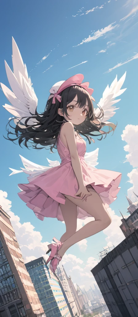 (masterpiece, best quality),from above , 1 little angel girl, solo, (feathered White angel wings:1.2), yellow halo floating on top of her head,billboard, brown eyes, black hair, building, city, cloudy sky, pink sleeveless short dress,pink bow on her dress,pink sandal, floating in the air \(machine\), dutch angle, from front, light frown, looking at viewer, outdoors,