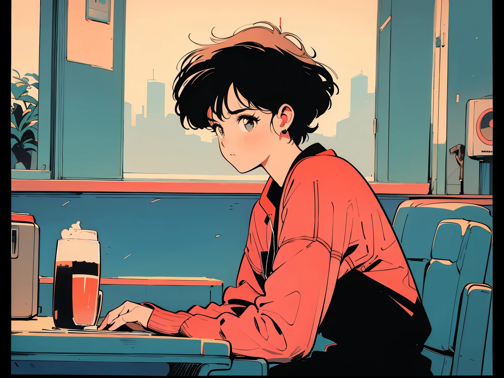 Highest quality,wallpaper,masterpiece,Super detailed,8K,wallpaper,Retro,(One female:1.5),Woman with short hair,Cafe,Meeting someone,(He looks bored.),City Pop,Urban Pop,Retroなレコードジャケットのイラスト