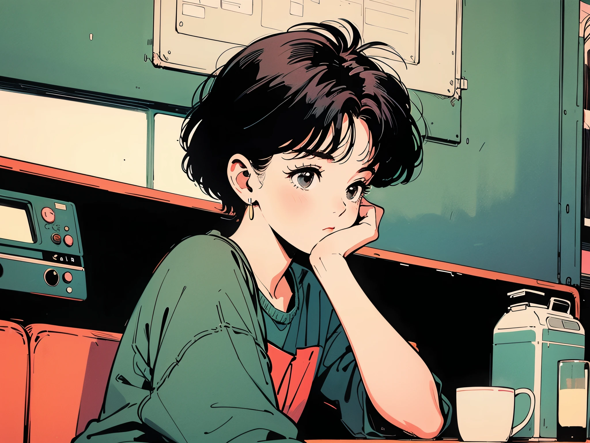Highest quality,wallpaper,masterpiece,Super detailed,8K,wallpaper,Retro,(One female:1.5),Woman with short hair,Cafe,Meeting someone,(He looks bored.),City Pop,Urban Pop,Retroなレコードジャケットのイラスト