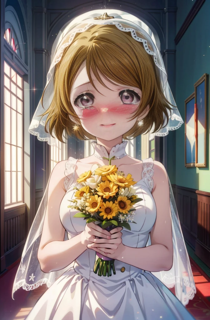 hanayo koizumi, hanayo Koizumi, short hair, Brown Hair, Purple eyes,Big Breasts,happy smile, smile, Close your mouth,Wedding dress,Veil,bouquet,Flower storm,Tears stream down her face,Tears of joy,I cry a lot, break looking at viewer, Upper Body,(Cowboy Shot:1. 5) break indoors, Chapel,church, break (masterpiece:1.2), Highest quality, High resolution, unity 8k wallpaper, (shape:0.8), (Beautiful attention to detail:1.6), Highly detailed face, Perfect lighting, Highly detailed CG, (Perfect hands, Perfect Anatomy),