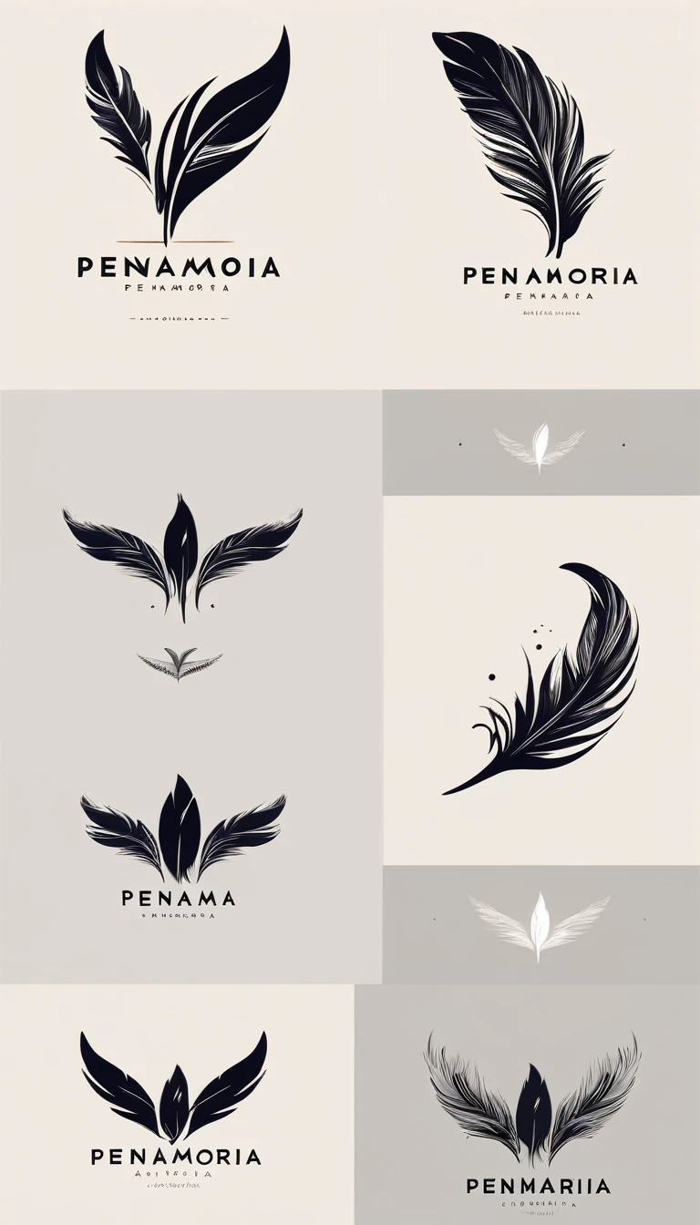 A minimal, modern, simple, cinematic logo design for the brand “Penamemoria". Create a modern, minimalistic, high-quality, masterpiece, fantastic, poetic feather that symbolizes dreams and stories.