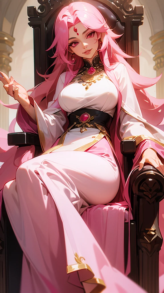 A beautiful mature milf woman with long pink hair and pink eyes sitting on a throne with a seductive simrk on her lips