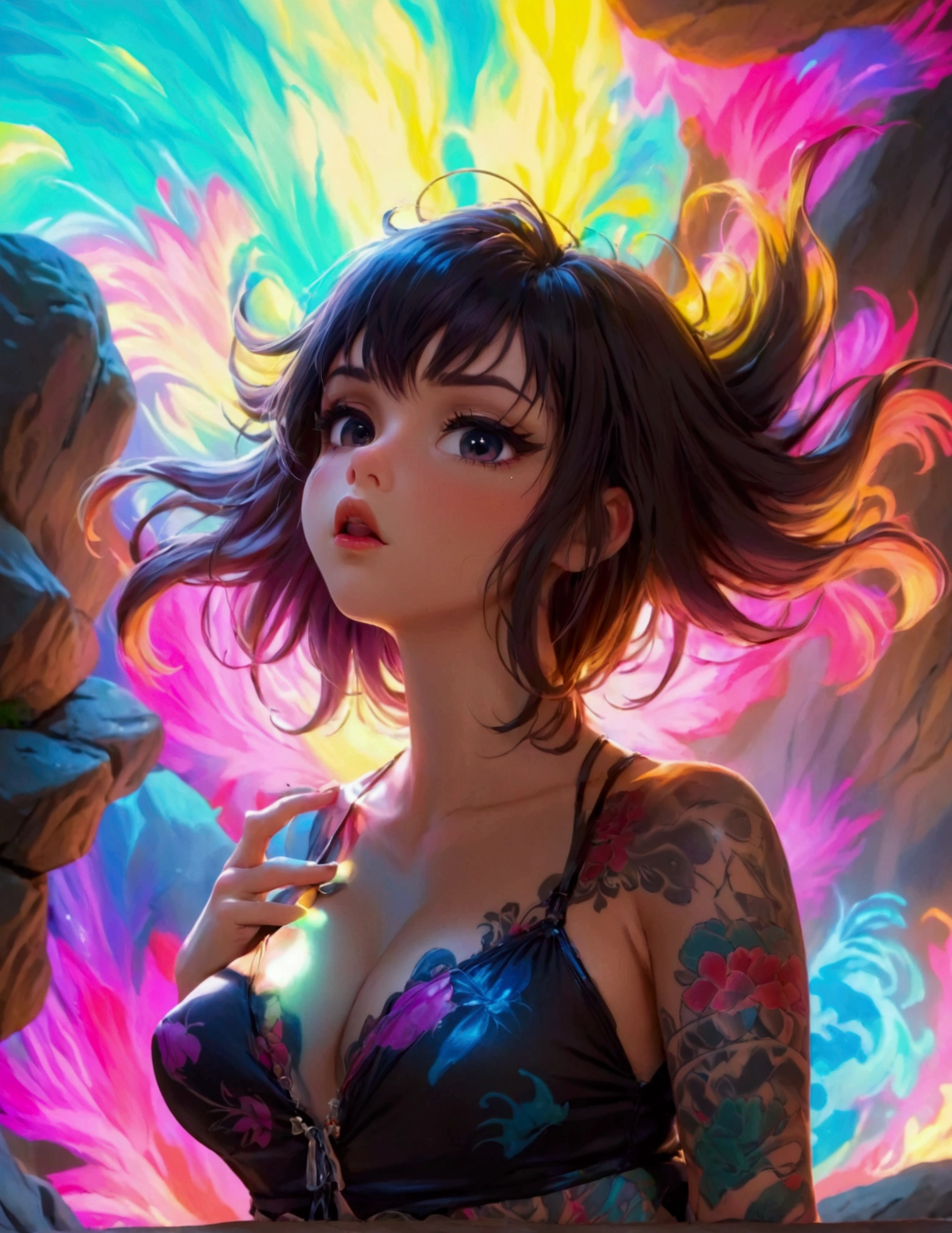 A cute woman (sexy small outfit, tattoos) in a rock music video, pouting, sexy pose near a bedroom, a fan makes a strong wind blowing her hair