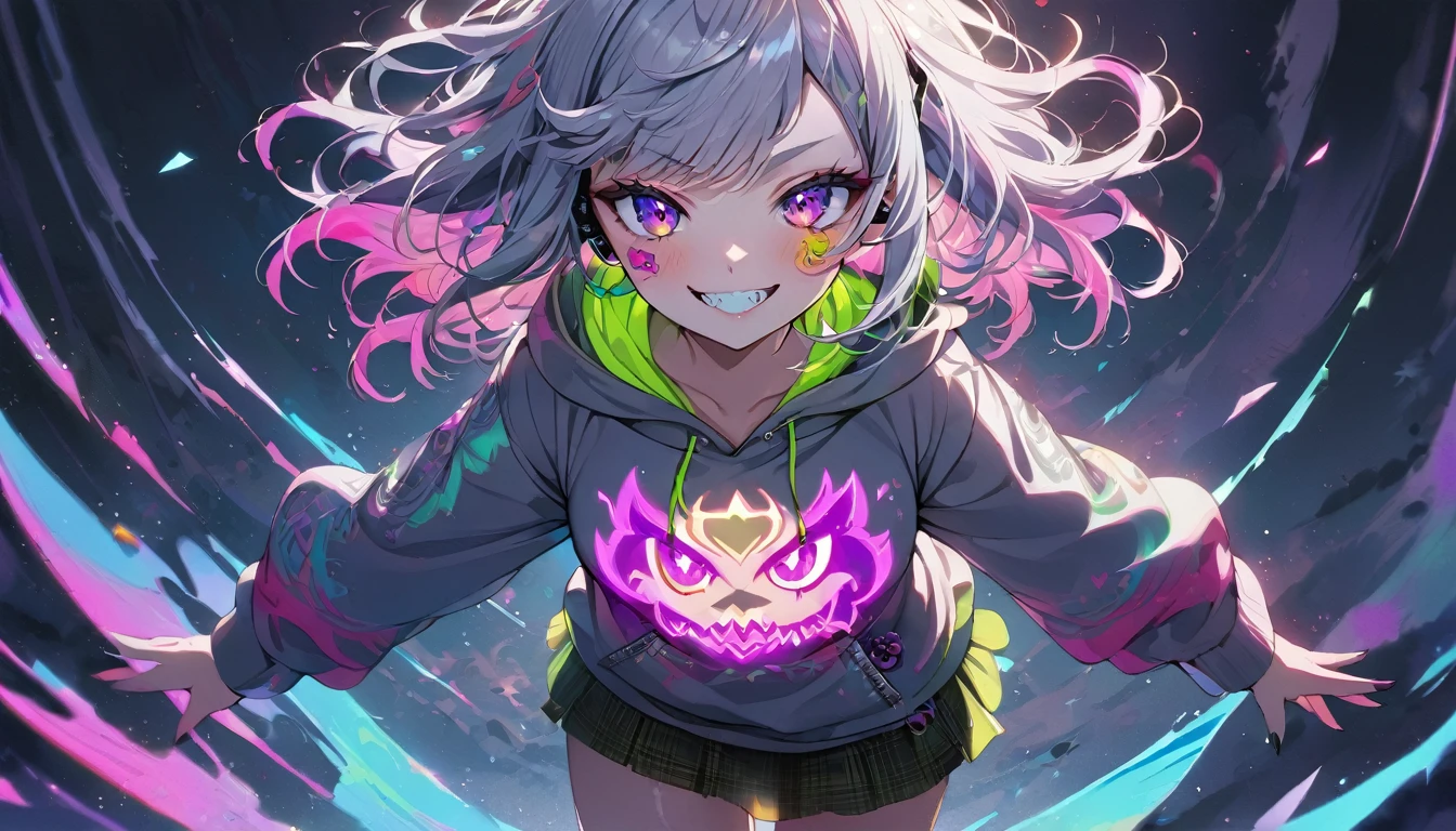 ((Masterpiece)), ((best quality)), (Anime:1.3), (super detail:1.2), (High Definition:1.3), (Professional Photography:1.3), cute young Girl, Glossy unruly hair, (loose swept bangs), (silver ash hair), medium hair, big eyes, (Eye bags:1.3), (Long eyelashes), colorful eyes, (evil smile and blush), Glossy lips, (jagged teeth), farewell, ((hoodie with oversized)), barearms, cute, (Gazing Skyward), (colorful:1.3), gothic makeup, (wearing headphone),wild spirit, neon pastel colors, hoodie, mini skirt, strong wind, scars, stickers, nymph, cool, beautiful, dancer, pretty, Celtic, maniac, facing the camera
