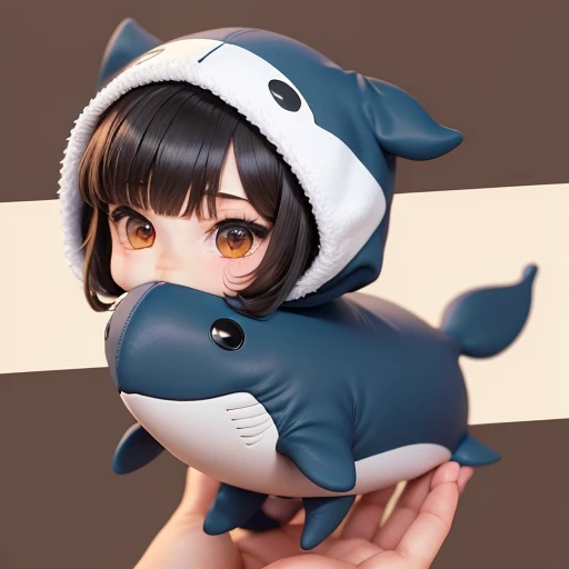 High quality,Masterpiece, Chibi, Nerdrooid, Mega Mini, Ninja, whale hat, whale tail, Whale costume, have dark hair, Bob hairstyle,hug ชุดปลาวาฬสีฟ้า