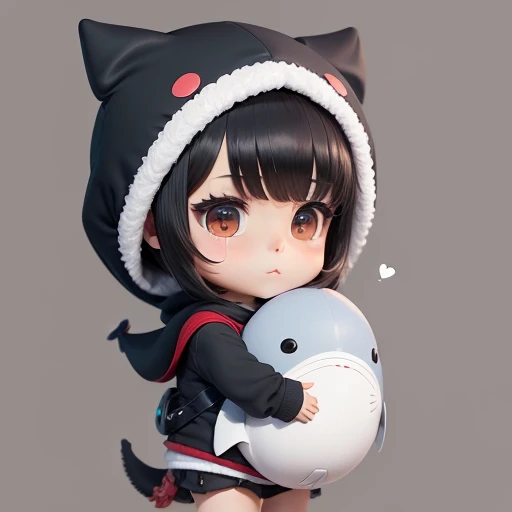 High quality,Masterpiece, Chibi, Nerdrooid, Mega Mini, Ninja, whale hat, whale tail, Whale costume, have dark hair, Bob hairstyle,hug ชุดปลาวาฬสีฟ้า