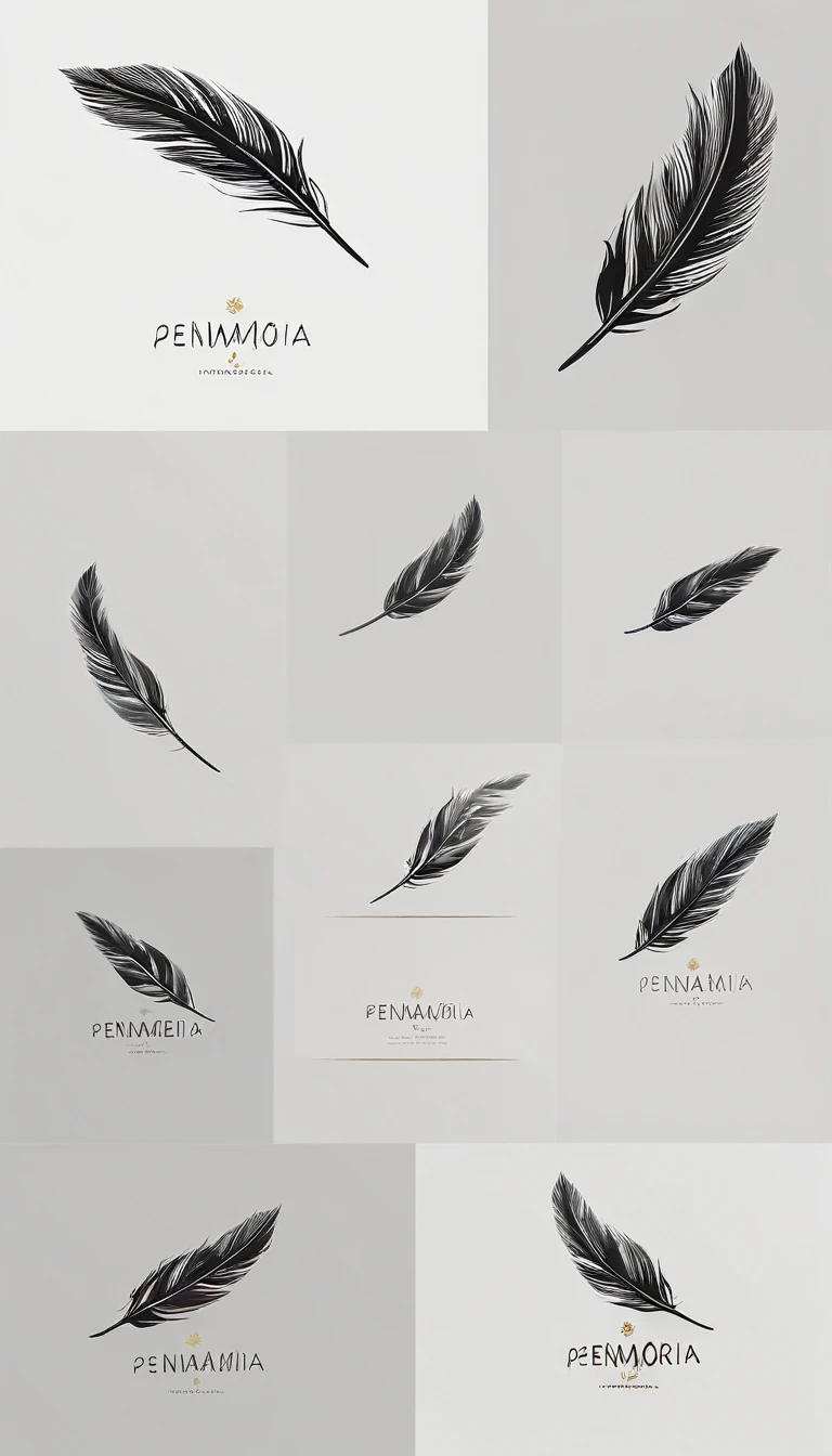A minimal, modern, simple, cinematic logo design for the brand “Penamemoria". Create a modern, minimalistic, high-quality, logo of a simple, fantastic, hipnotic, dreamy, artistic feather that symbolizes dreams, stories and memories