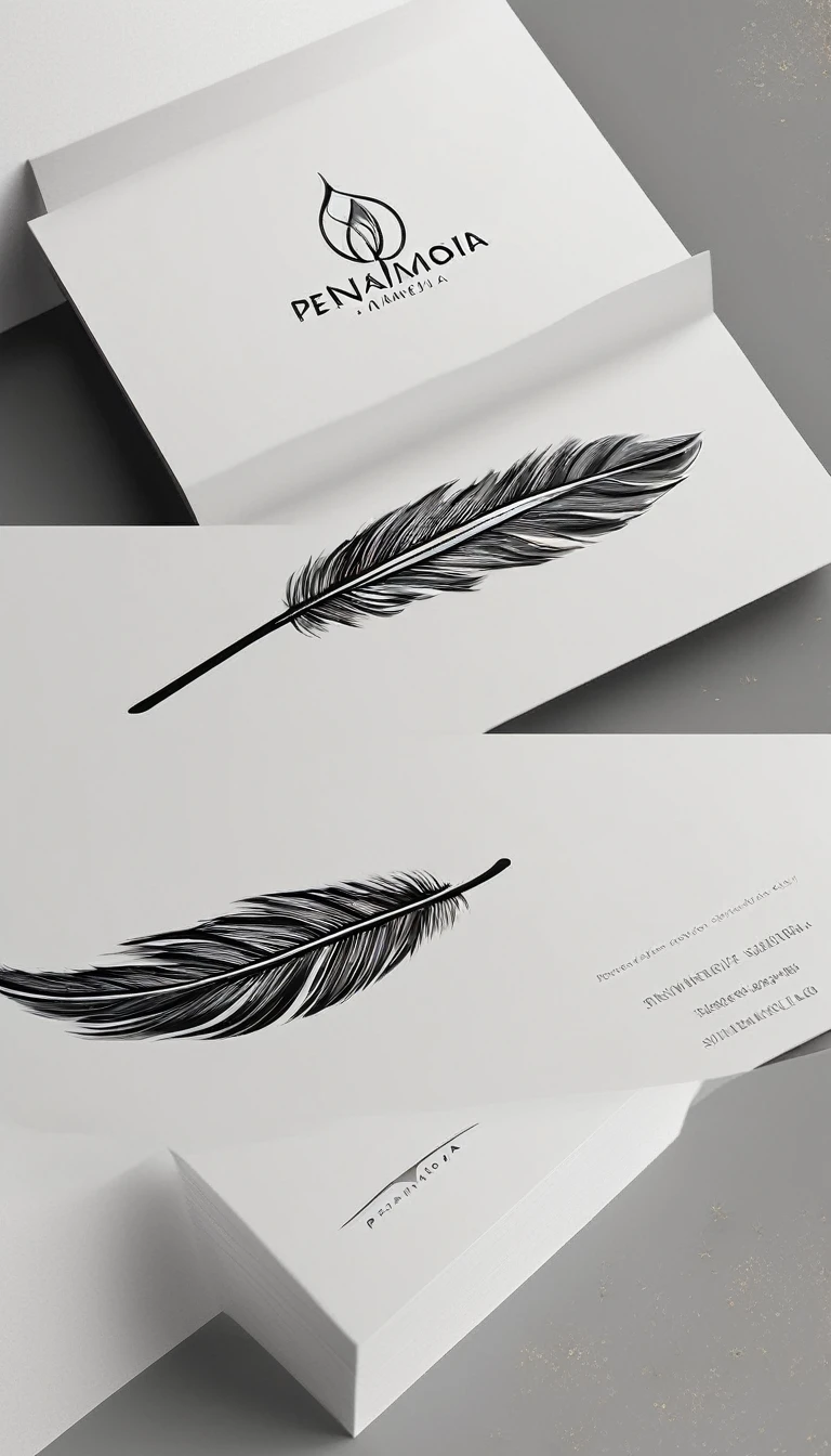 A minimal, modern, simple, cinematic logo design for the brand “Penamemoria". Create a modern, minimalistic, high-quality, logo of a simple, fantastic, hipnotic, dreamy, artistic feather that symbolizes dreams, stories and memories