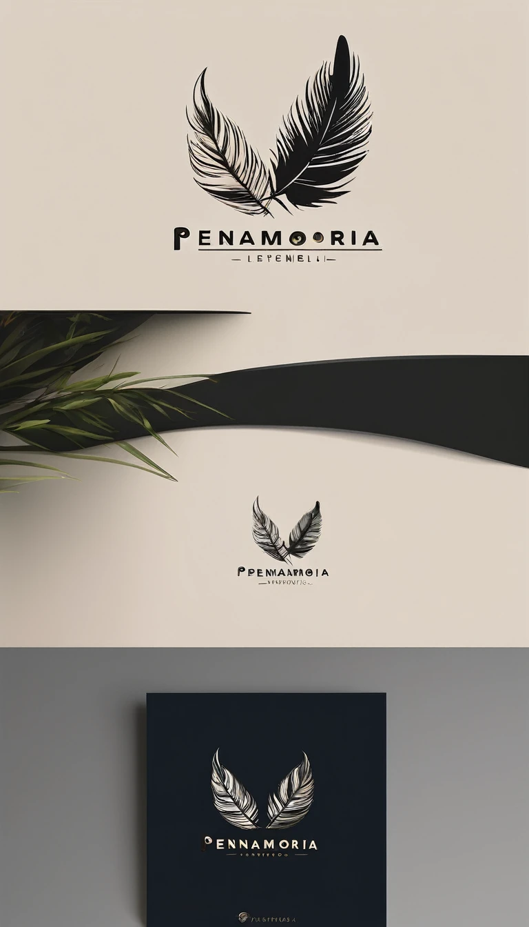 A minimal, modern, simple, cinematic logo design for the brand “Penamemoria". Create a modern, minimalistic, high-quality, logo of a simple, fantastic, hipnotic, dreamy, artistic feather that symbolizes dreams, stories and memories