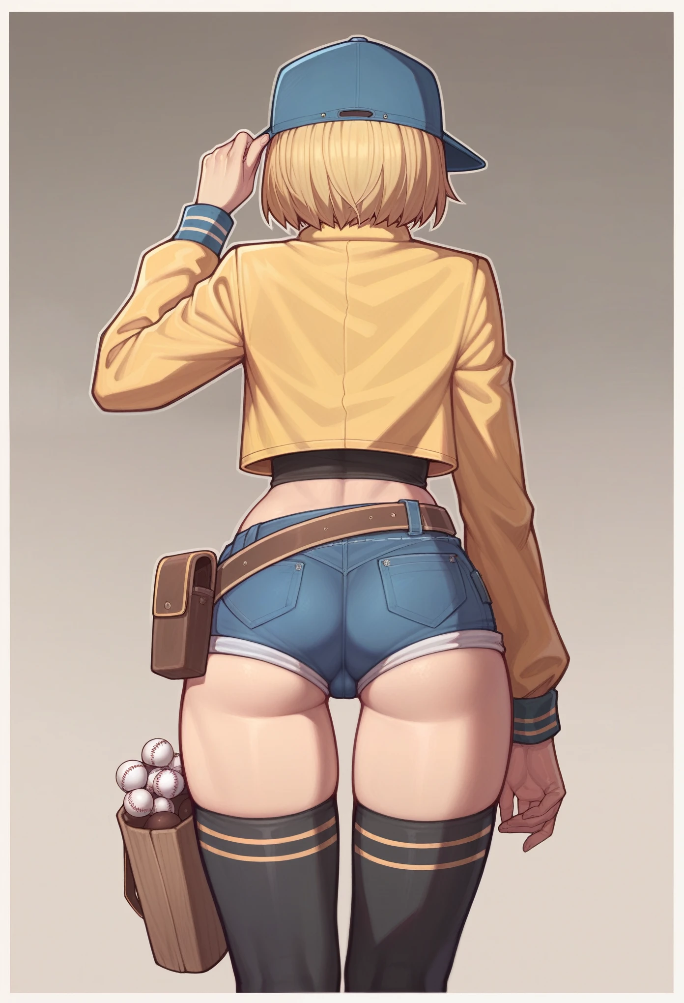 _asura style, 1girl, shorts, solo, , hat, jacket, denim_shorts, cropped_jacket, from_behind, baseball_cap, denim, yellow_jacket, short_shorts, blonde_hair, facing_away, standing, belt, pouch, short_hair, cowboy_shot, long_sleeves, crop_top, thighhighs, utility_belt, arm_up, underwear