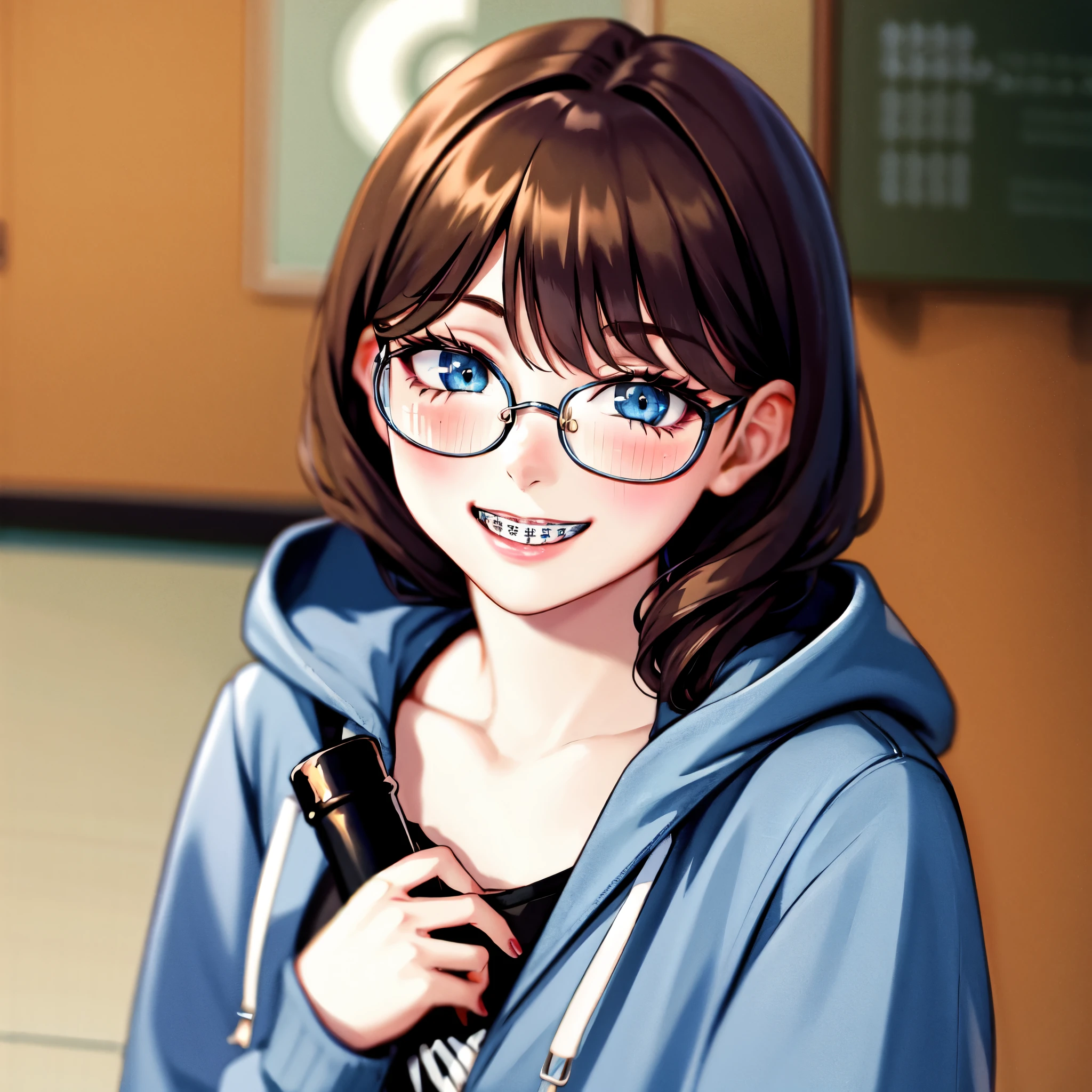 1girl, smiling, braces, glasses, brown hair, blue eyes, cute, blush, wearing jeans, wearing oversized hoodie, highres, best quality, detailed