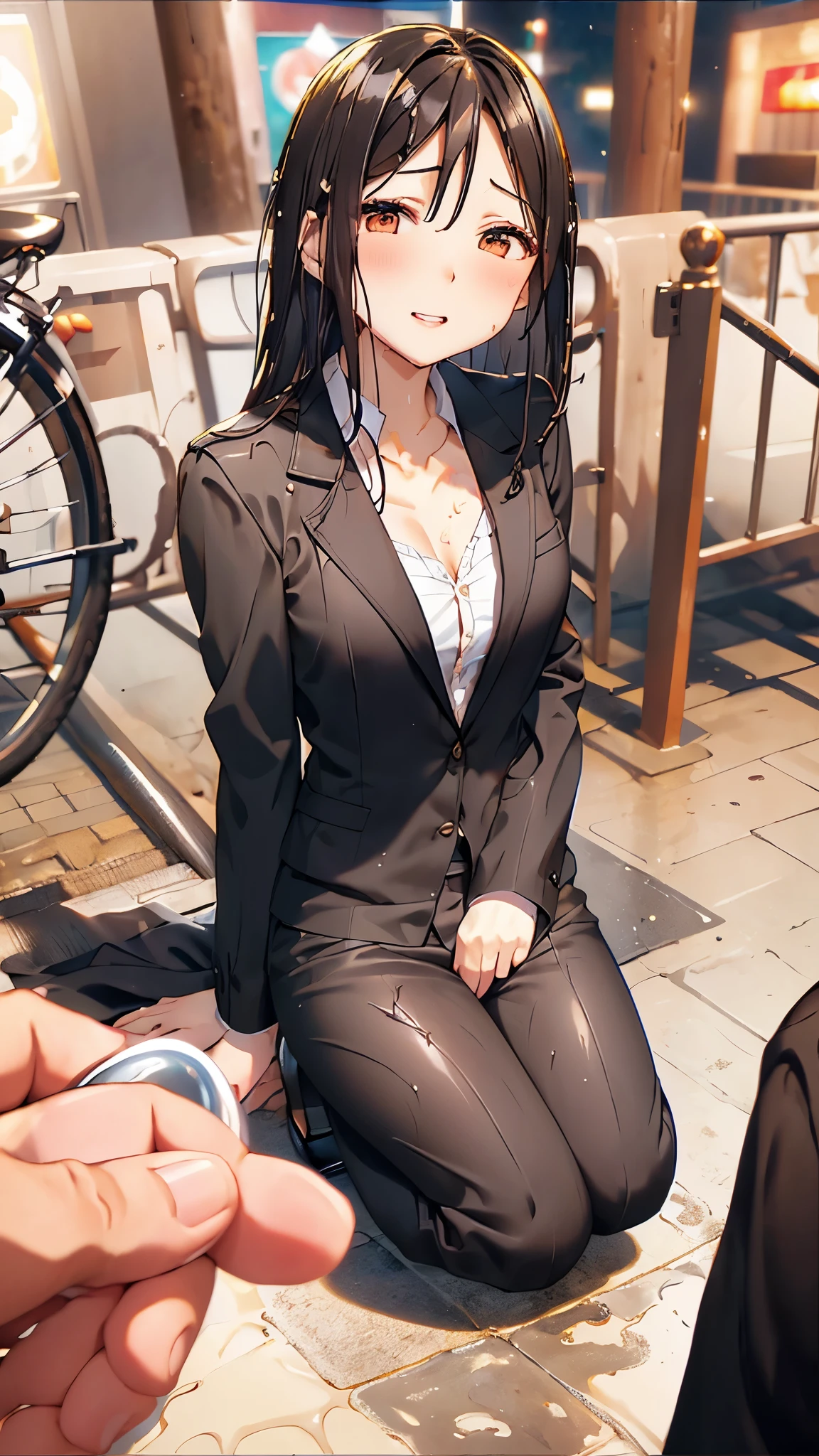 Highest,masterpiece,Highest品質,High resolution,high quality,Realistic,Medium Hair,Business Bags:1.2,Wet髪,Pants Style,High heels, Collared shirt,Chest small breasts,Black jacket,business suit:1.5,sit,Kneel,Pinch your hands between your thighs,Wet,Sweat,orgasm,Fair skin,Oily skin,ID card,White chocolate:2.0,Embarrassed face:1.2,Several men in the background