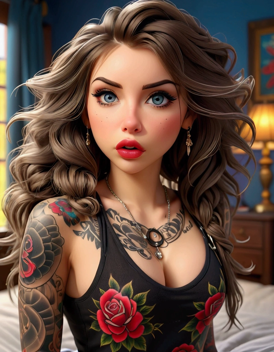A cute woman, beautiful detailed eyes, beautiful detailed lips, extremely detailed face, long eyelashes, sexy small outfit, tattoos, rock music video, pouting, sexy pose, bedroom, fan, strong wind, blowing hair, high quality, 4k, 8k, high resolution, masterpiece, ultra-detailed, realistic, photorealistic, photo-realistic, HDR, UHD, studio lighting, ultra-fine painting, sharp focus, physically-based rendering, extreme detail description, professional, vivid colors, bokeh