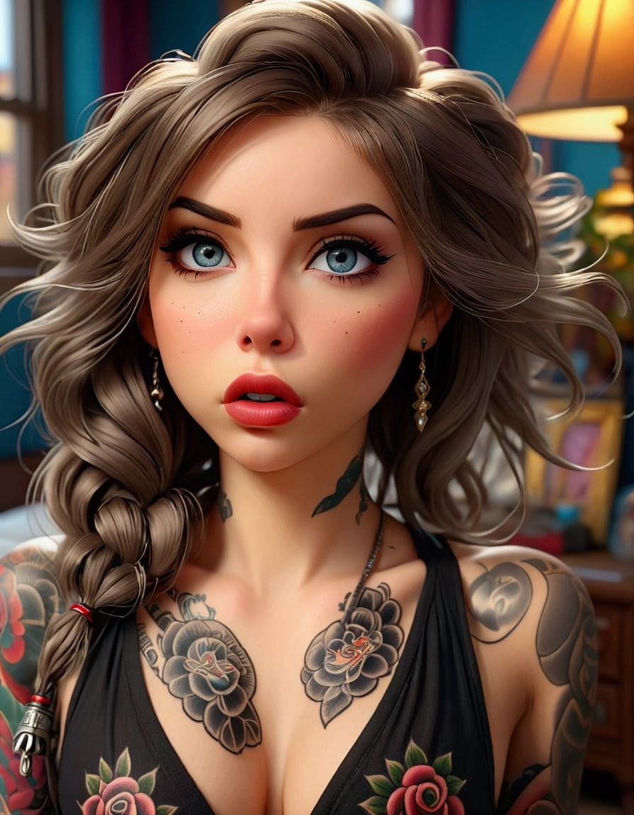 A cute woman, beautiful detailed eyes, beautiful detailed lips, extremely detailed face, long eyelashes, sexy small outfit, tattoos, rock music video, pouting, sexy pose, bedroom, fan, strong wind, blowing hair, high quality, 4k, 8k, high resolution, masterpiece, ultra-detailed, realistic, photorealistic, photo-realistic, HDR, UHD, studio lighting, ultra-fine painting, sharp focus, physically-based rendering, extreme detail description, professional, vivid colors, bokeh