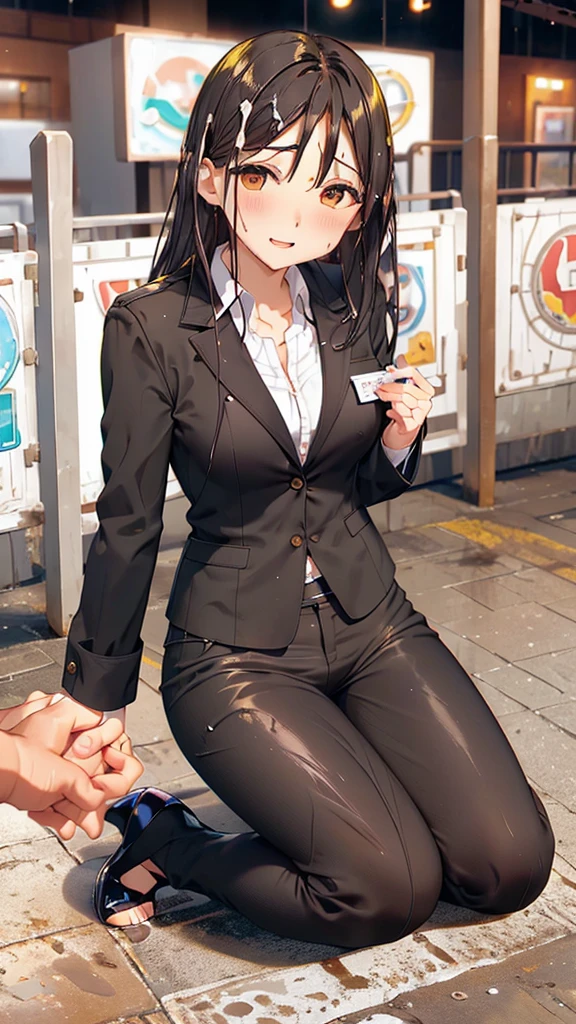 Highest,masterpiece,Highest品質,High resolution,high quality,Realistic,Medium Hair,Business Bags:1.2,Wet髪,Pants Style,High heels, Collared shirt,Chest small breasts,Black jacket,business suit:1.5,sit,Kneel,Pinch your hands between your thighs,Wet,Sweat,orgasm,Fair skin,Oily skin,ID card,White chocolate:2.0,Embarrassed face:1.2,Several men in the background,40s