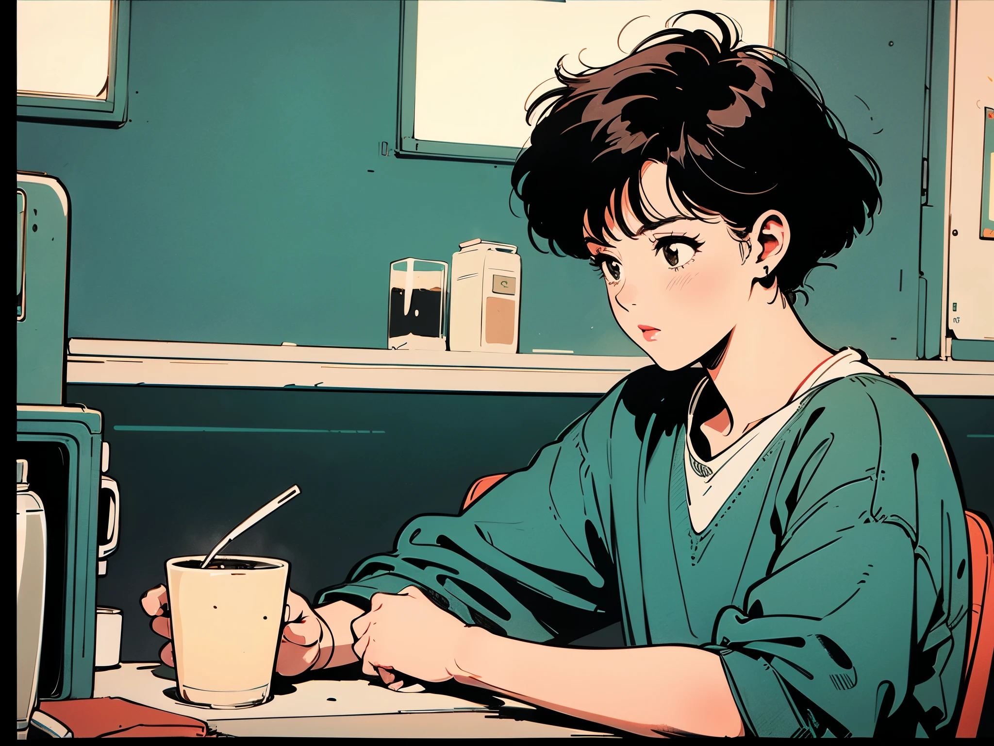 Highest quality,wallpaper,masterpiece,Super detailed,8K,wallpaper,Retro,(One female:1.5),Woman with short hair,Cafe,Meeting someone,(He looks bored.),City Pop,Urban Pop,Retroなレコードジャケットのイラスト