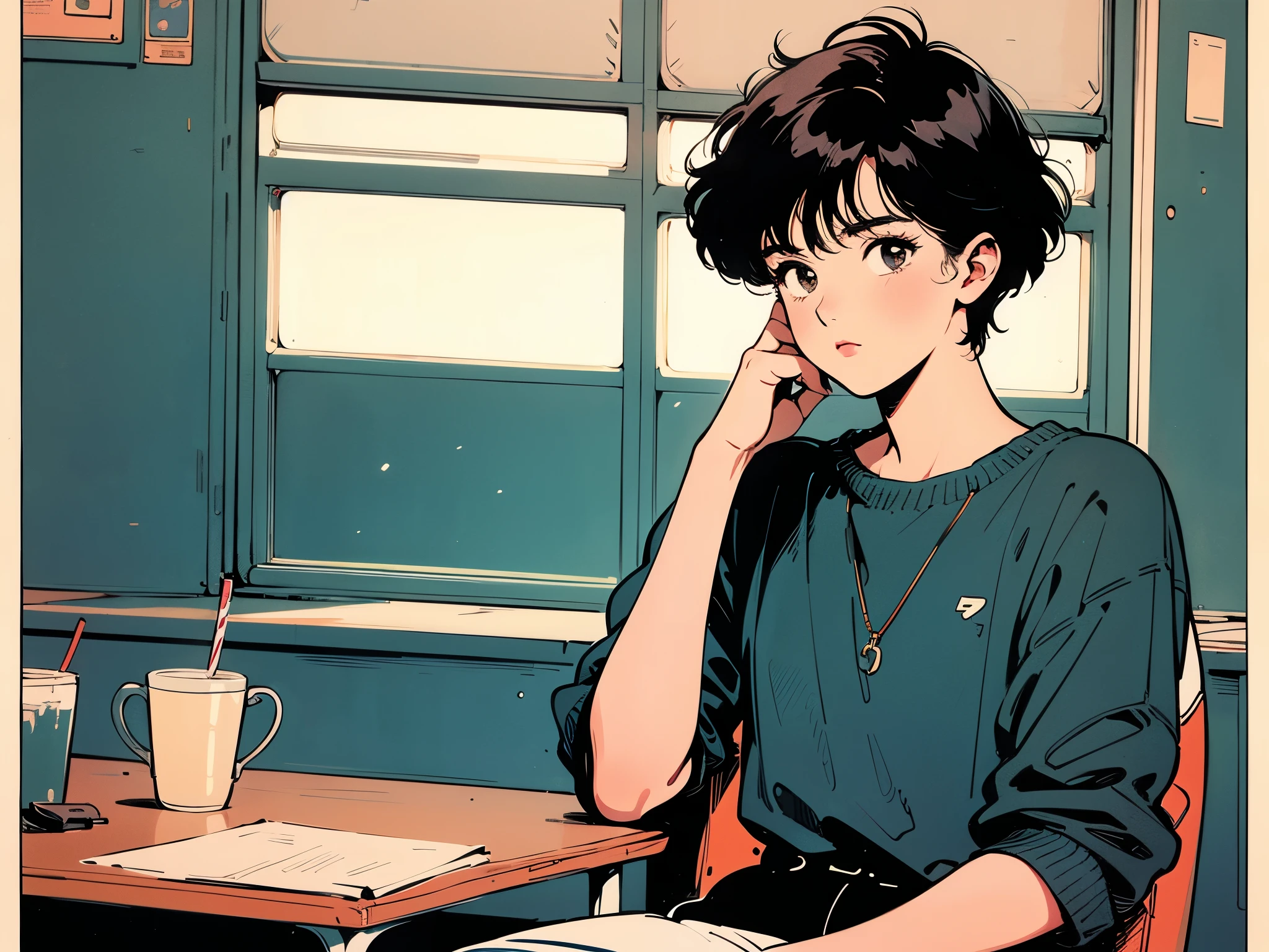Highest quality,wallpaper,masterpiece,Super detailed,8K,wallpaper,Retro,(One female:1.5),Woman with short hair,Cafe,Meeting someone,(He looks bored.),City Pop,Urban Pop,Retroなレコードジャケットのイラスト