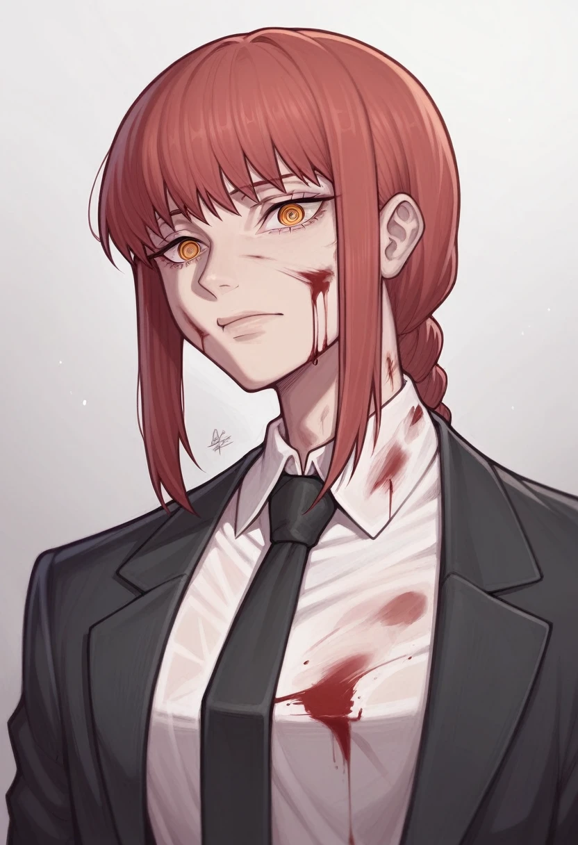 _asura style, 1girl, blood, makima_(chainsaw_man), blood_on_face, solo, necktie, black_necktie, shirt, collared_shirt, blood_on_clothes, red_hair, white_shirt, formal, suit, bangs, sidelocks, medium_hair, jacket, black_jacket, braid, upper_body, blood_splatter
