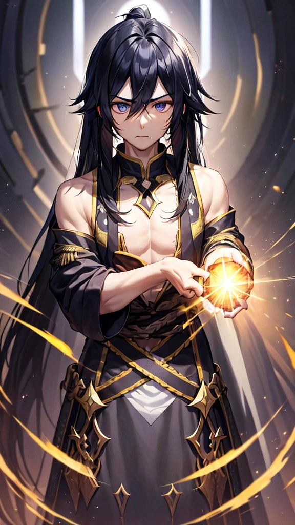 Clench your fist in one hand、Emitting aura from the whole body、A young man with long black hair is posing with a determined look on his face.