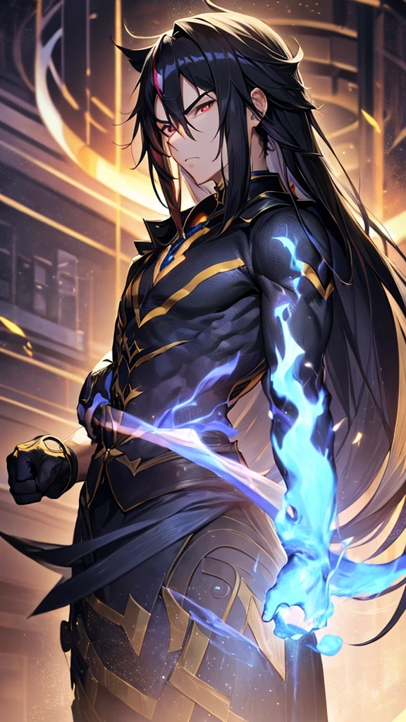Clench your fist in one hand、Emitting aura from the whole body、A young man with long black hair is posing with a determined look on his face.